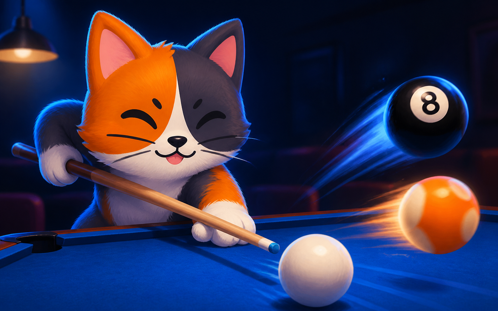 Misty with a pool cue as billiard balls fly across a pool hall