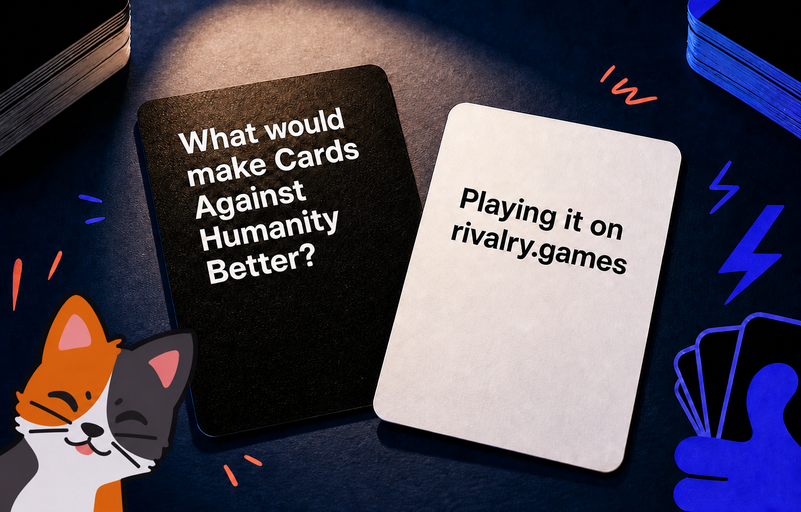 Black prompt card and white answer card on a dark tabletop