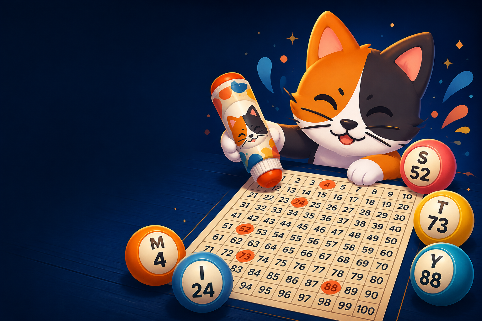 Misty playing bingo with a marked 1 to 100 card, dauber, and numbered balls
