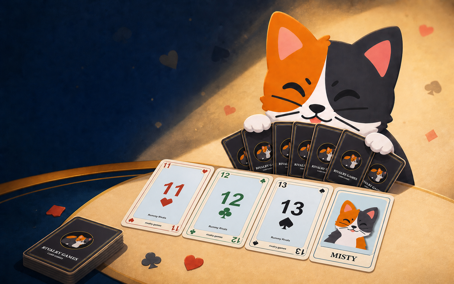 Illustrated fan of playing cards featuring a blue-haired card character